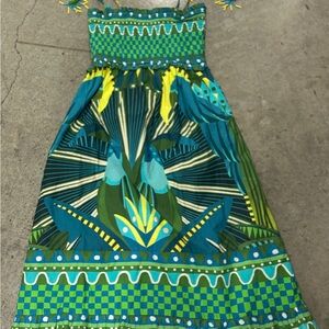 FARM Rio Anthropologie Green and Blue Patterned Dress Beaded straps Med NWT